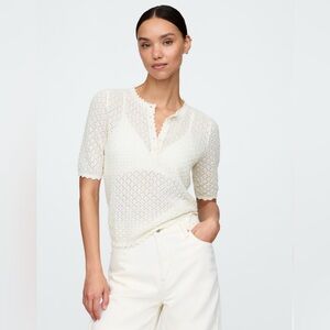 Short sleeve cropped open knit organic cotton top, cream